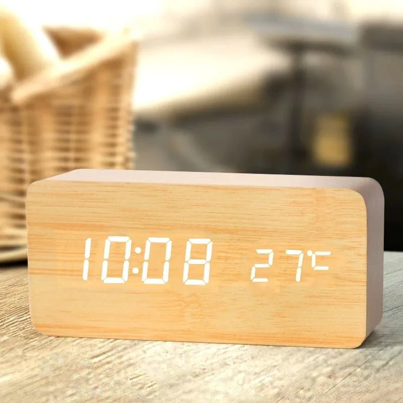 Wooden LED Alarm Clock with Temperature